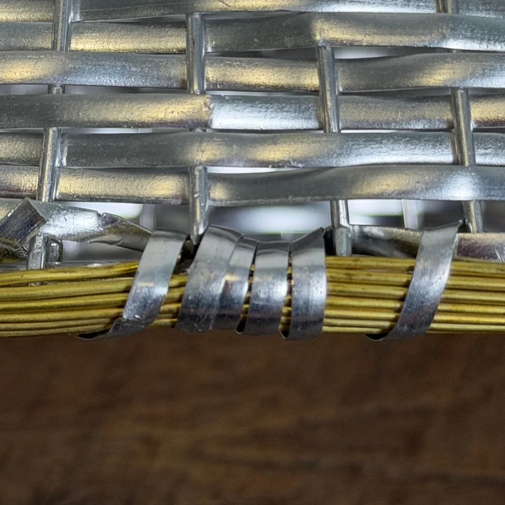 Vintage Woven Metal Wire Basket Silver Gold Trim Square Made in India 9.5 x 5 in